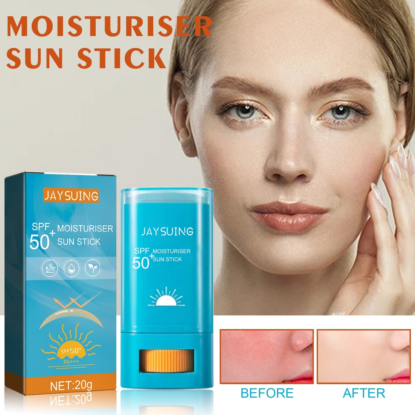 Moisturizing sunscreen stick by JAYSUING: blue carton and tube, SPF 50, 20g
