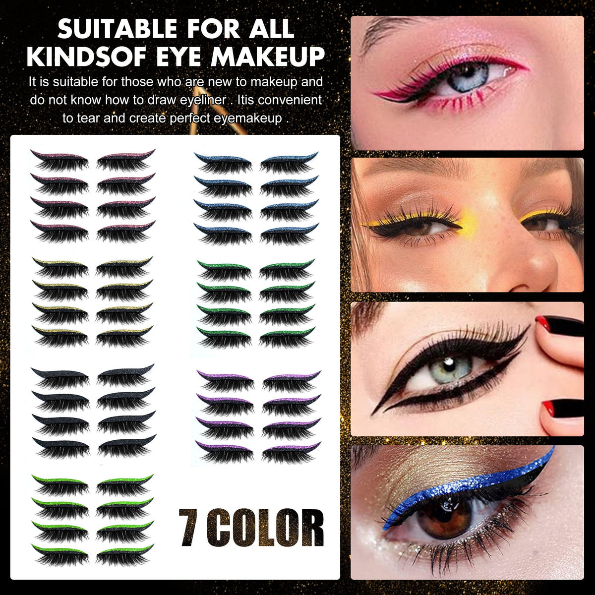 Eyelash eyeliner sticker sheet with multiple lash styles and eye swatches