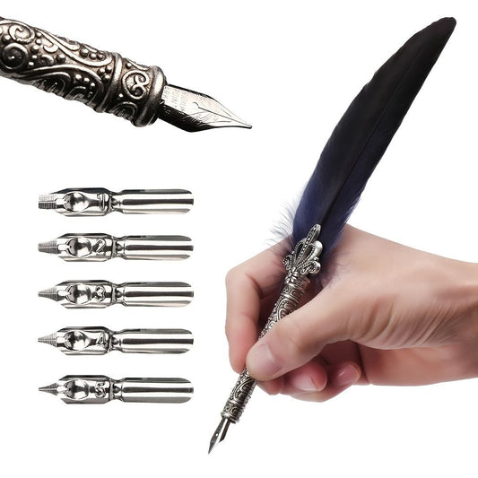 1 Set Multicolor Retro Quill Dip Pen Turkey Feather Pen Quill Oblique + 5 Nibs+ Pen Set Gift Writing Tools Office School Supply - Renee Lane Company