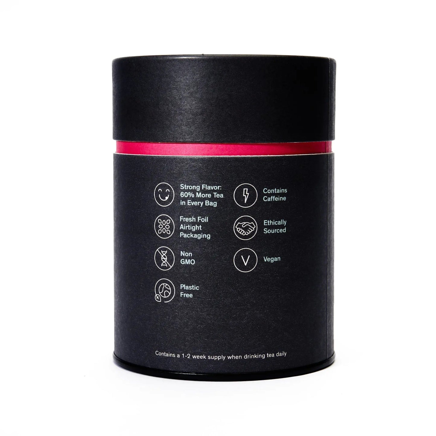 August black tea canister back with icons for strength, ingredients, and values
