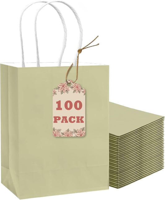100Pcs Paper Gift Bag with Handles Eggshell Green Party Favor Bags Multiple Uses (8.3"x3"x6", Small Size) - Renee Lane Company