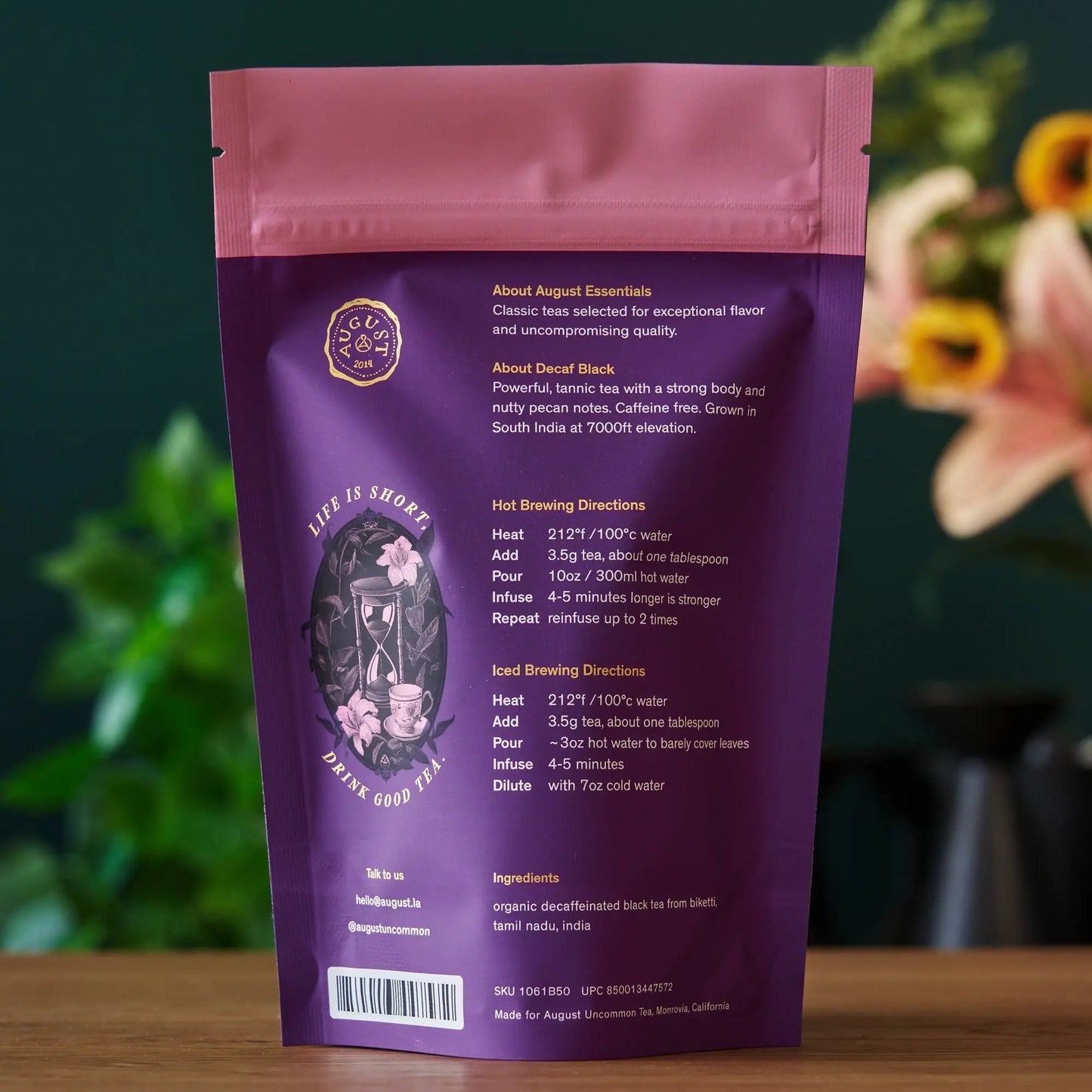 Purple decaf black tea pouch back with printed brewing directions