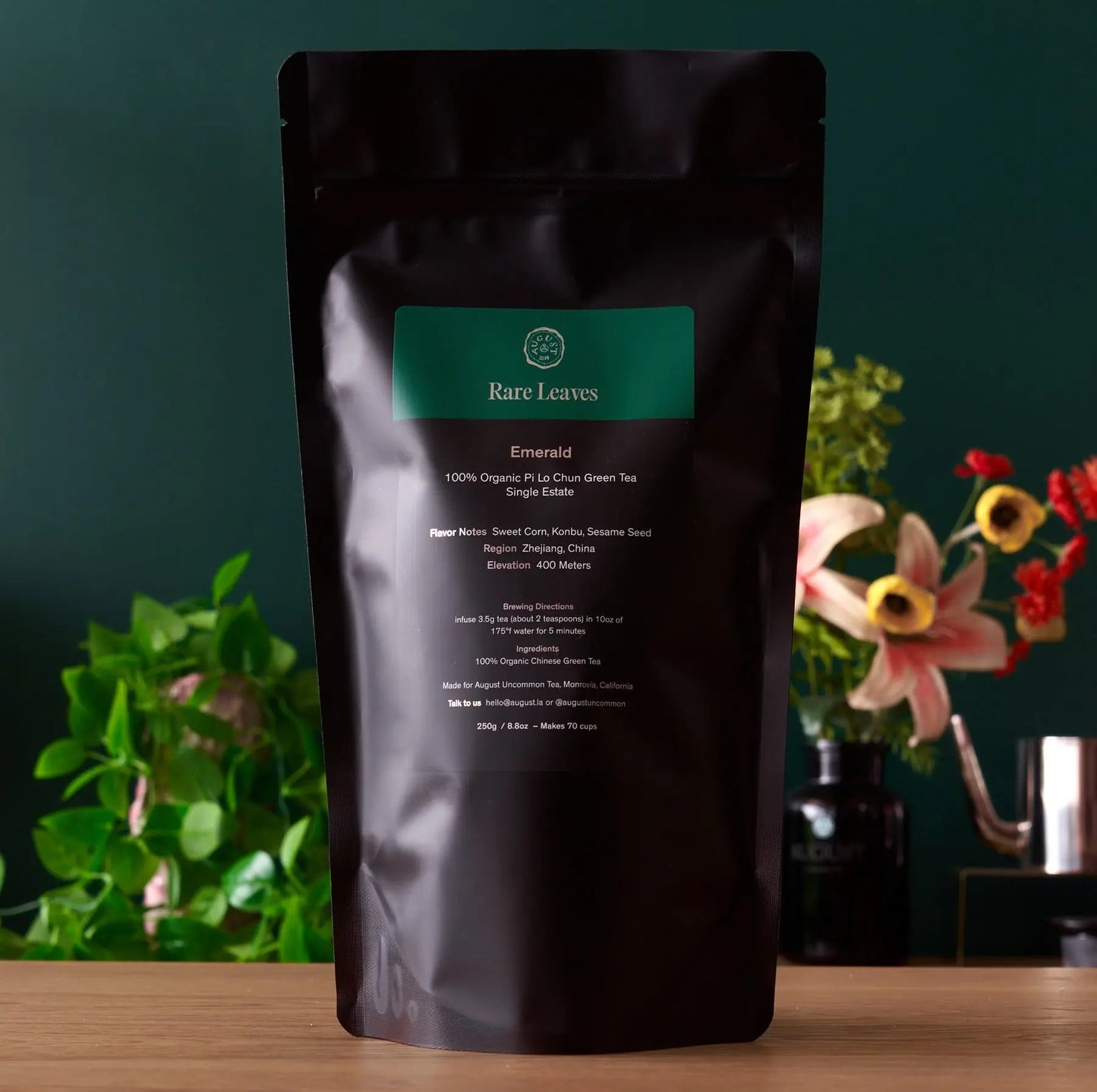 Rare Leaves Emerald green tea bag in a foil pouch with label