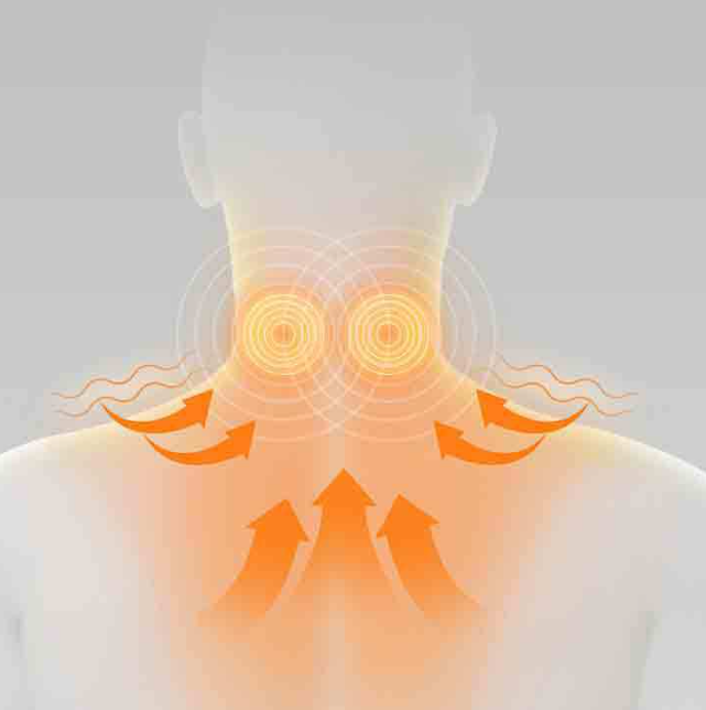 Neck massager wrap showing orange heat glow around neck and upper chest