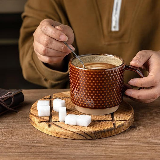 12 OZ Stackable Coffee Mugs, Ceramic Coffee Cups with Texture Patterns for Man,Woman,Dad,Mom, Modern Mugs Set of 4 for Latte/Cappuccino/Cocoa. Dishwasher&Microwave Safe - Renee Lane Company