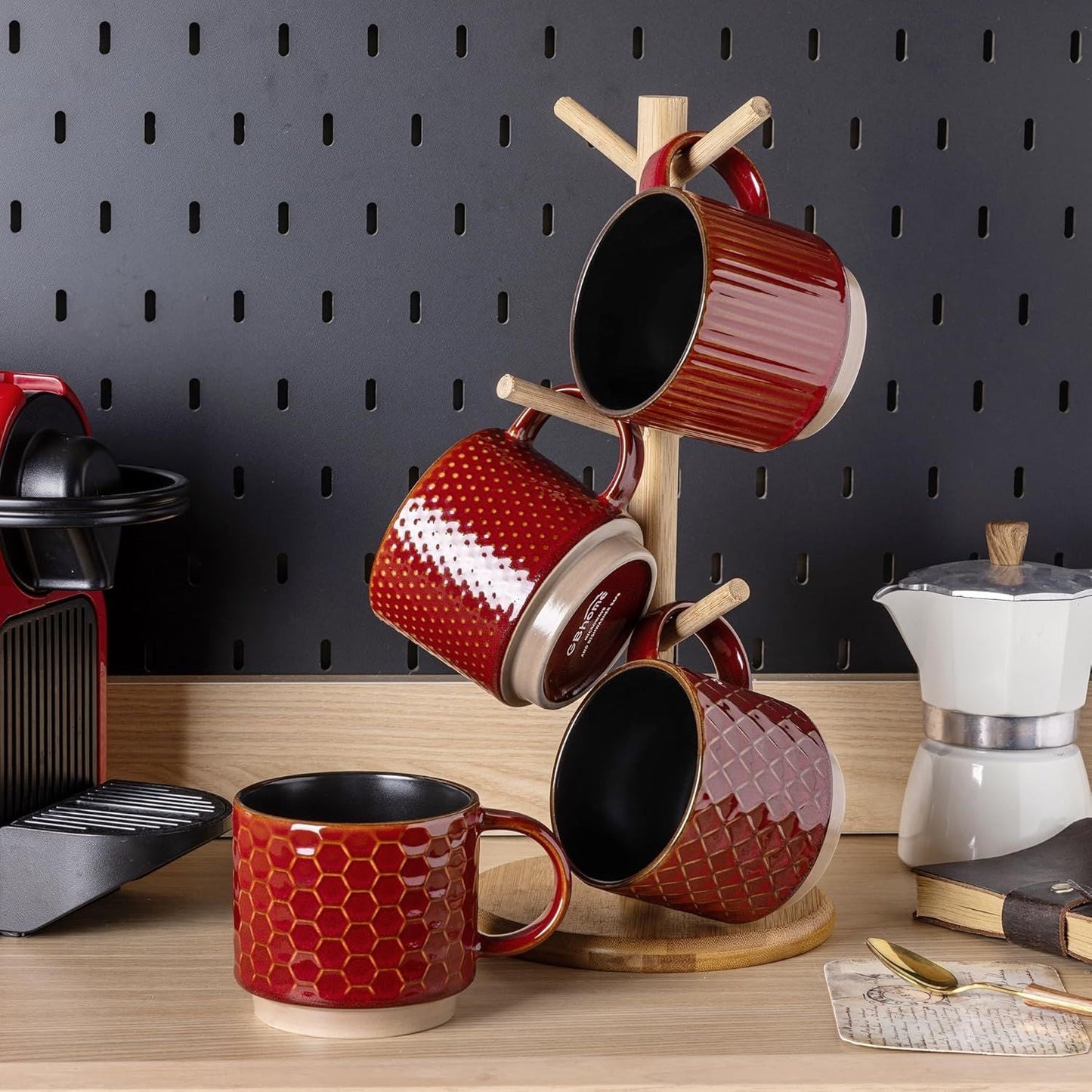 12 OZ Stackable Coffee Mugs Set of 4, Ceramic Coffee Cups with Texture Patterns for Man,Woman,Dad,Mom, Modern Mugs Set for Latte/Cappuccino/Cocoa. Dishwasher&Microwave Safe, Red - Renee Lane Company