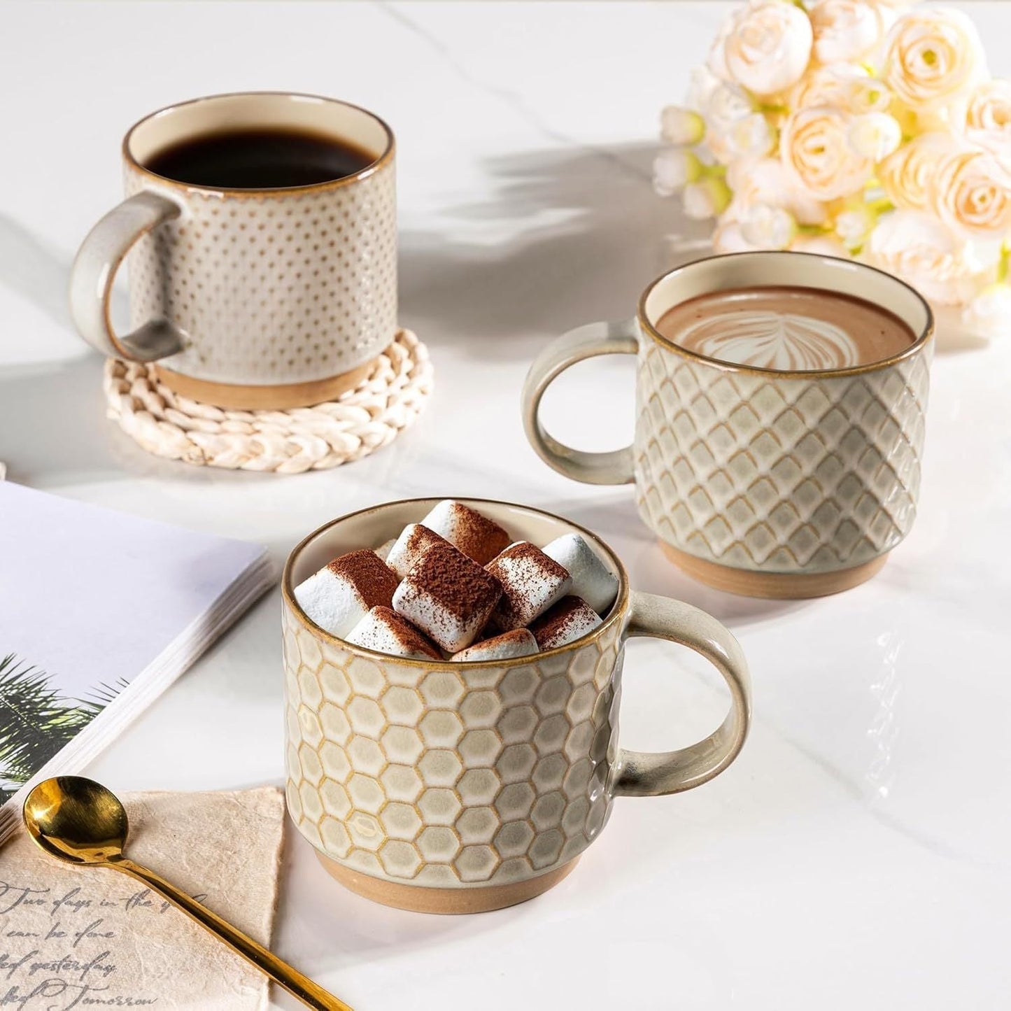 12OZ Stackable Coffee Mugs, Ceramic Coffee Mugs with Texture Patterns for Man,Woman,Dad,Mom, Modern Coffee Mugs Set of 4 for Latte/Cappuccino/Cocoa. Dishwasher&Microwave Safe, Pale Khaki - Renee Lane Company