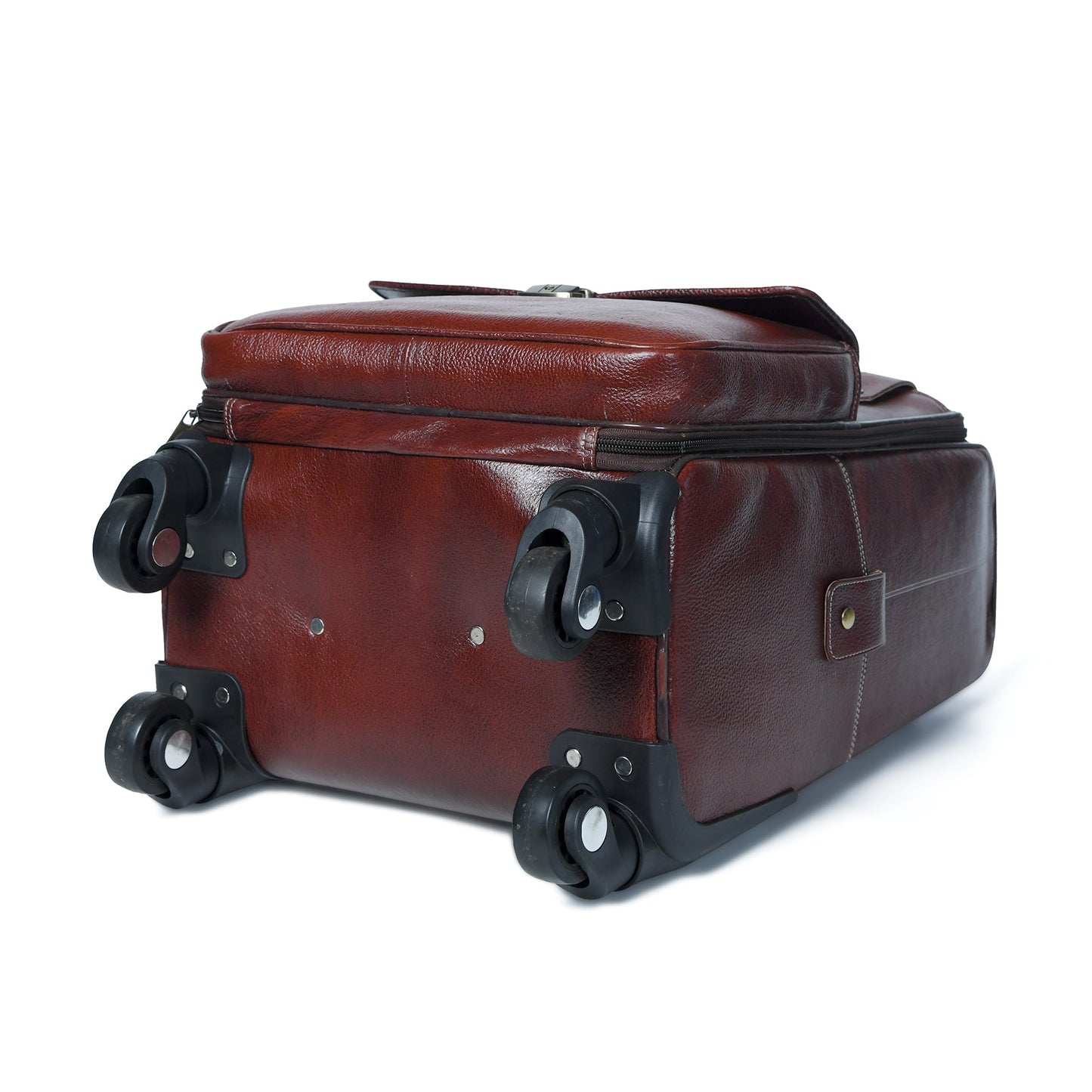 Dark brown leather carry-on trolly bag with top handle and four rolling wheels