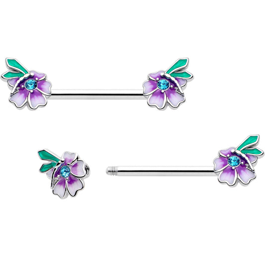 14G 9/16 Blue Gem Faerie Flower Purple Barbell Nipple Ring Set - Renee Lane Company