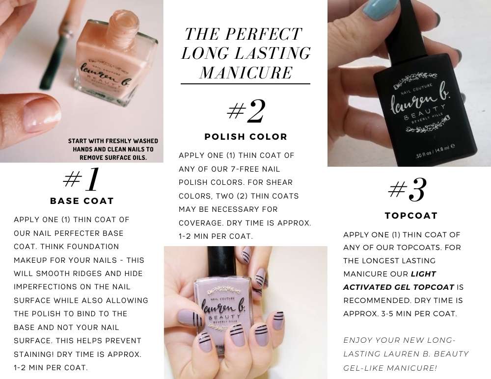 Nail polish set directions card with bottle and brush, base coat and topcoat