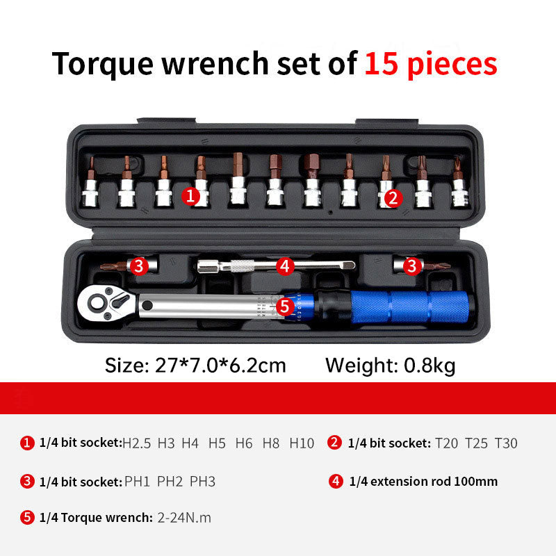 15-Piece Bike Torque Wrench Set, High Precision Preset Torque 2-24Nm Adjustable Ratchet with 1/4 Inch Drive - Renee Lane Company
