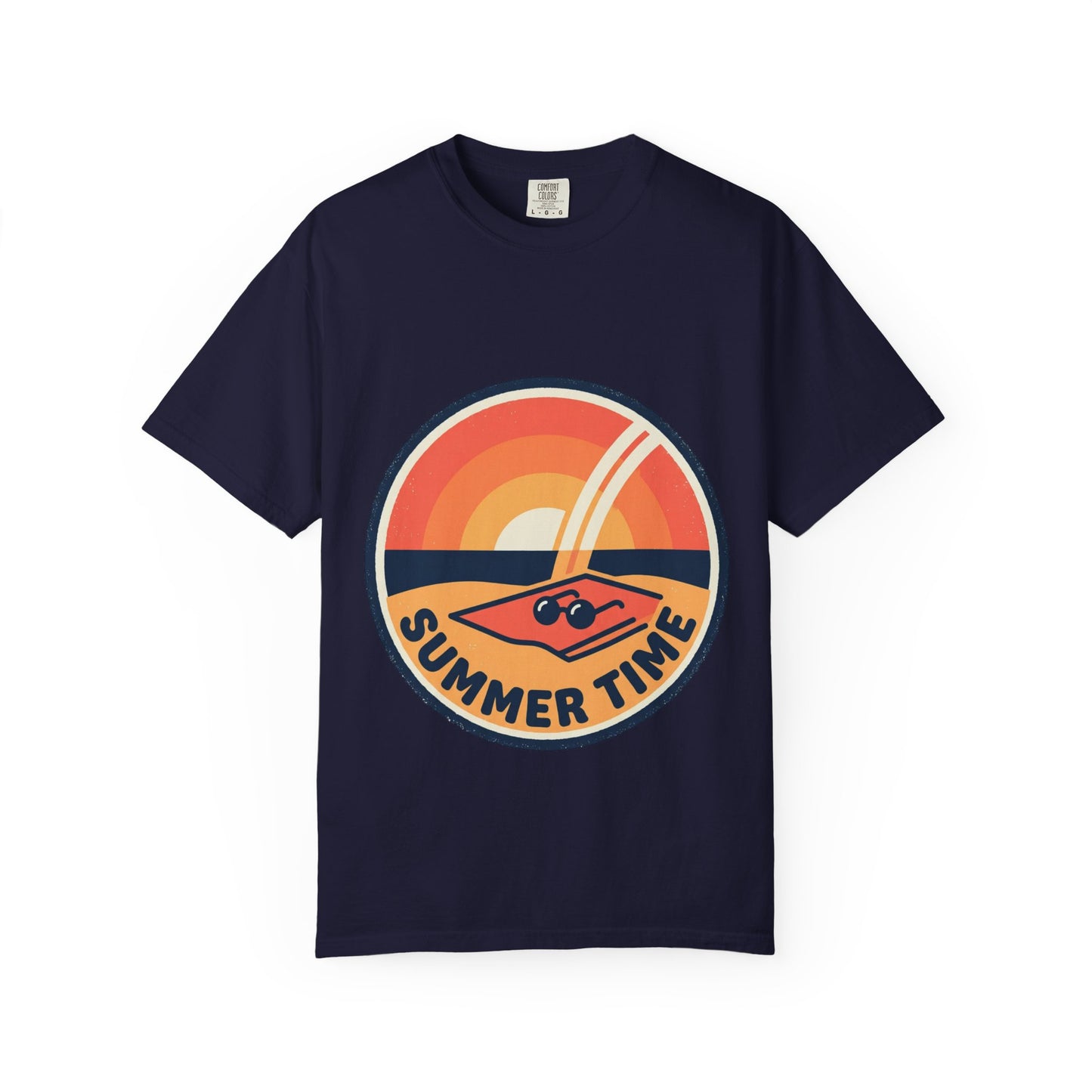 Navy crewneck T-shirt with circular retro “Summer Time” sunset graphic on front