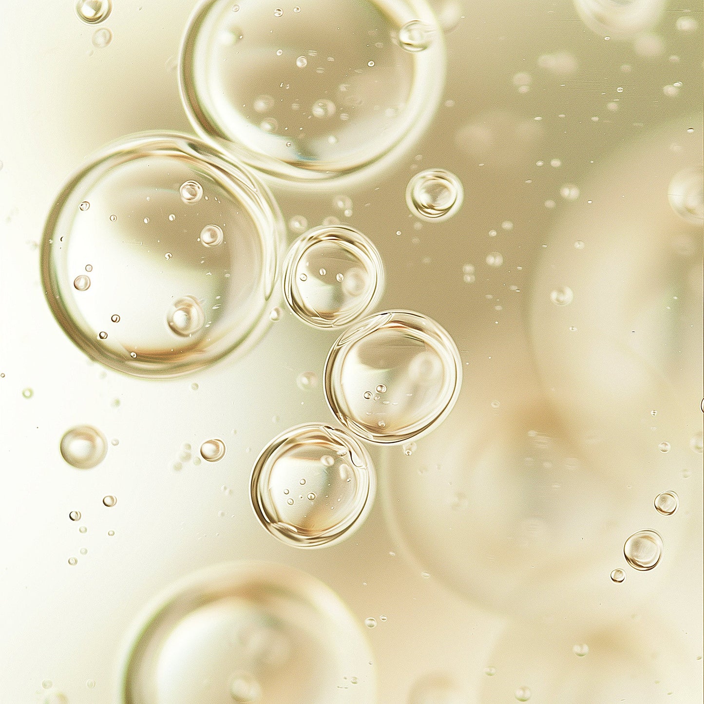 Close-up of pale oil droplets and bubbles in gel-like liquid