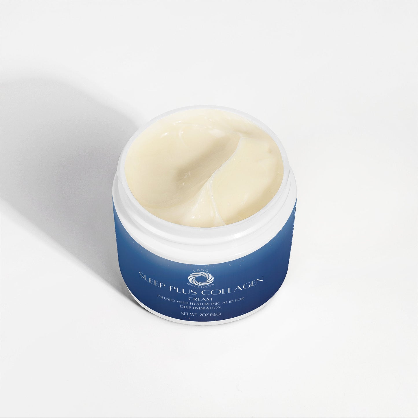 Sleep Plus collagen cream jar with cream scoop showing smooth beige texture