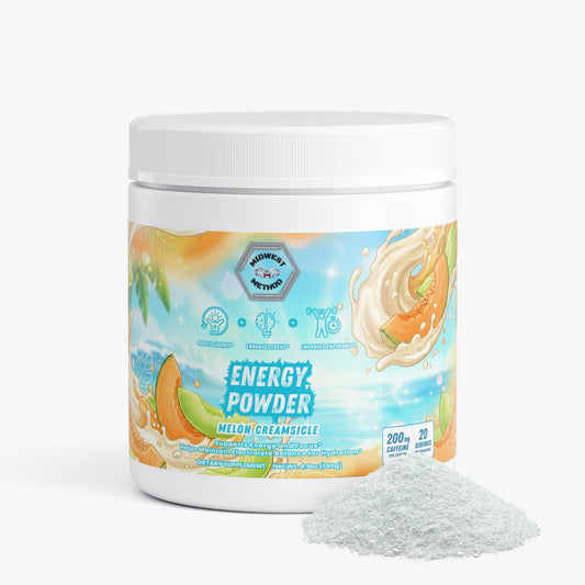 Energy powder tub with melon creamsicle label and gray powder pile