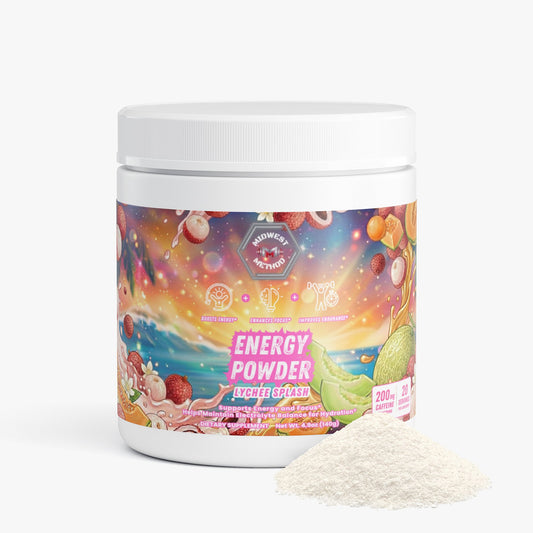 Lychee-flavored energy powder supplement jar with loose white powder beside it