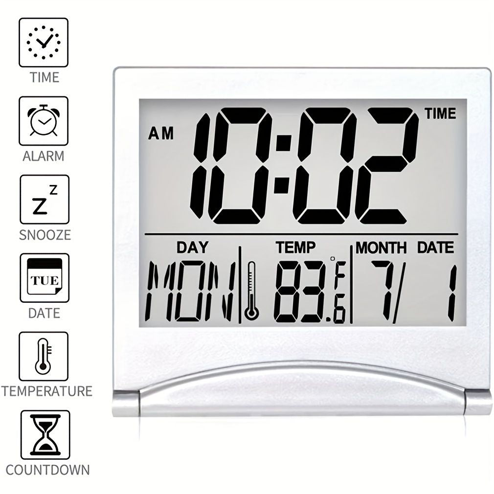 1pc, Foldable Digital Alarm Clock with Calendar, Temperature, and Battery Operation - Perfect for Bedroom, Living Room, and Office - Renee Lane Company