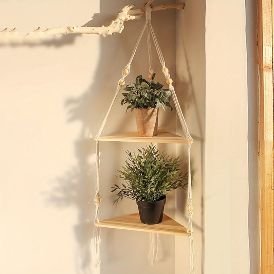 1pc Handwoven Wooden Triangle Storage Rack for Flower Pots, Pendants, and Room Decor - Stylish and Functional Home Decor - Renee Lane Company