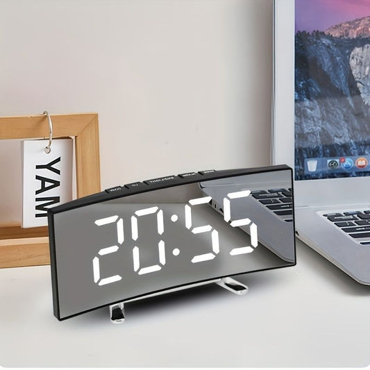 1pc Led Alarm Clock, Mirror Curved Screen, Digital Alarm Clock With Sleep Temperature For Students Bedroom, Living Room, Office And School - Renee Lane Company