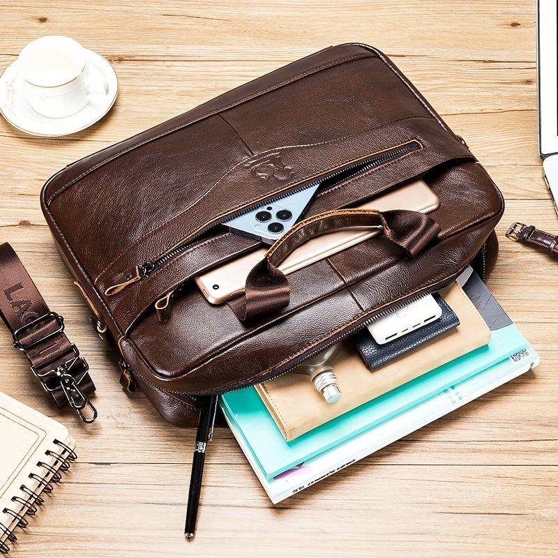 1pc Men's Briefcase, Genuine Leather Men's Bag, Official Bag, 15 Inch Computer Bag, Men's Portable Shoulder Business Bag - Renee Lane Company