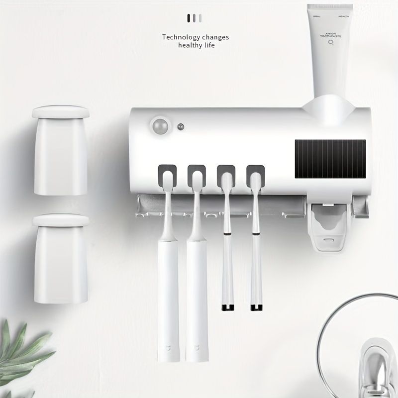 1pc Smart Toothbrush Sanitizer, Free Punching Wall Mounted Toothbrush Holder, Automatic Squeeze Toothpaste Device - Renee Lane Company