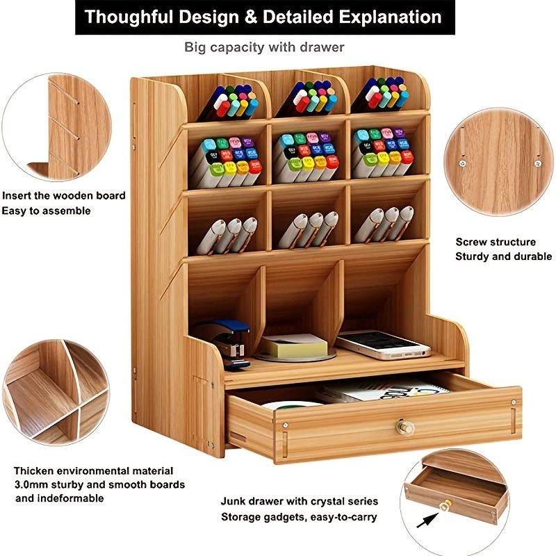1pc Wooden Desk Organizer, Multi-Functional DIY Pen Holder, Pen Organizer For Desk, Desktop Stationary, Easy Assembly, Home Office Art Supplies Organizer Storage With Drawer - Renee Lane Company