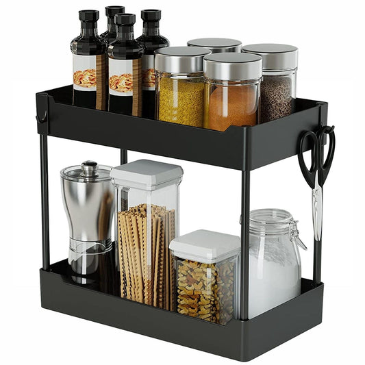 2-Tier Under Sink Shelf Organizer Space Saving Under Bathroom Sink Storage Rack w/ 4 Hooks - Renee Lane Company