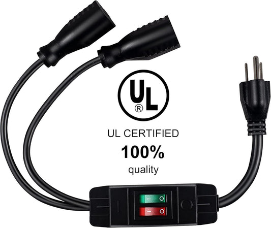 2 Way Extension Cord with On/Off Switch, 3 Prong Outdoor Extension Cord Splitter, Heavy Duty SJTW 14AWG 15A/125V and 18AWG 10A/125V Power Cord (1.6 Ft, Black) - Renee Lane Company