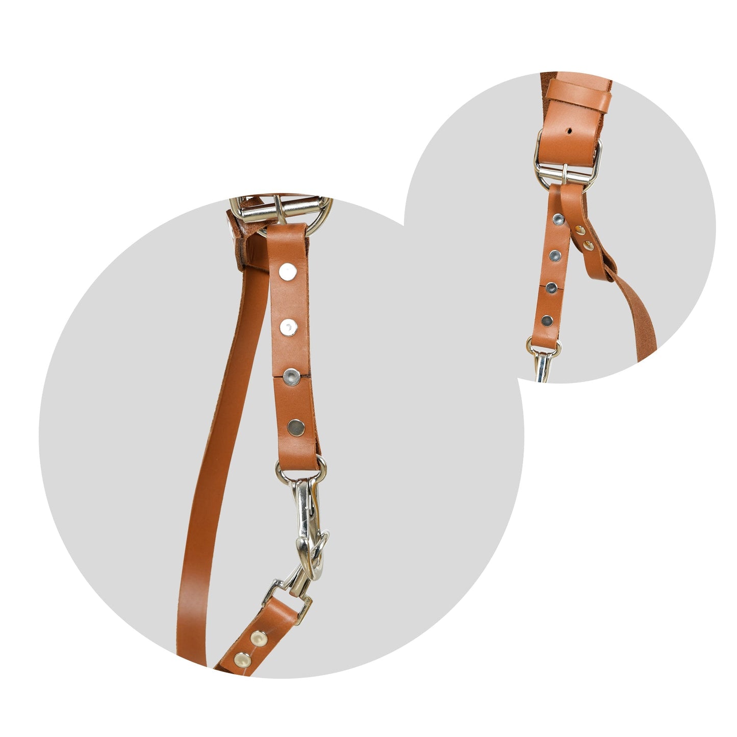 Tan brown harness strap with metal clip, D-ring, and riveted buckle