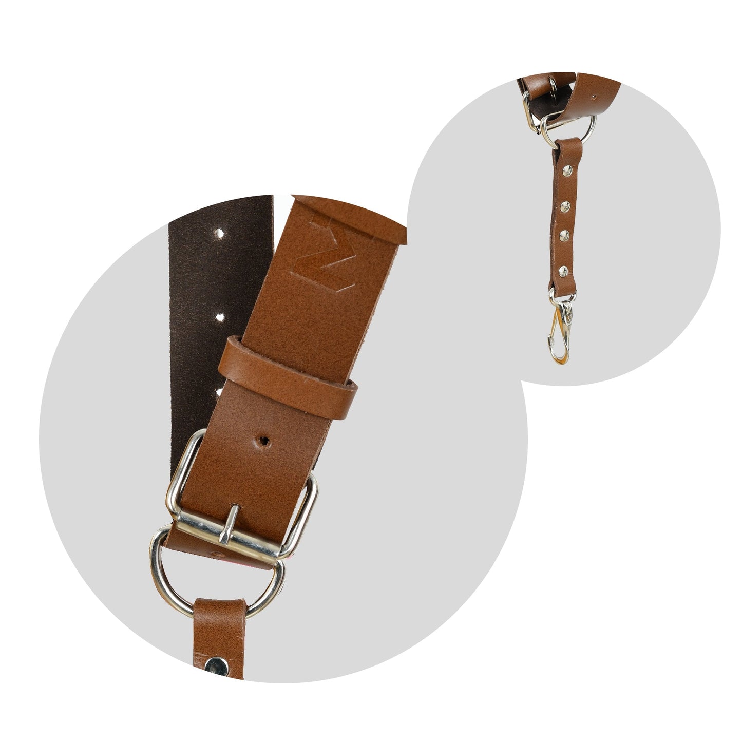 Brown leather harness buckle strap with metal clasp and D-ring