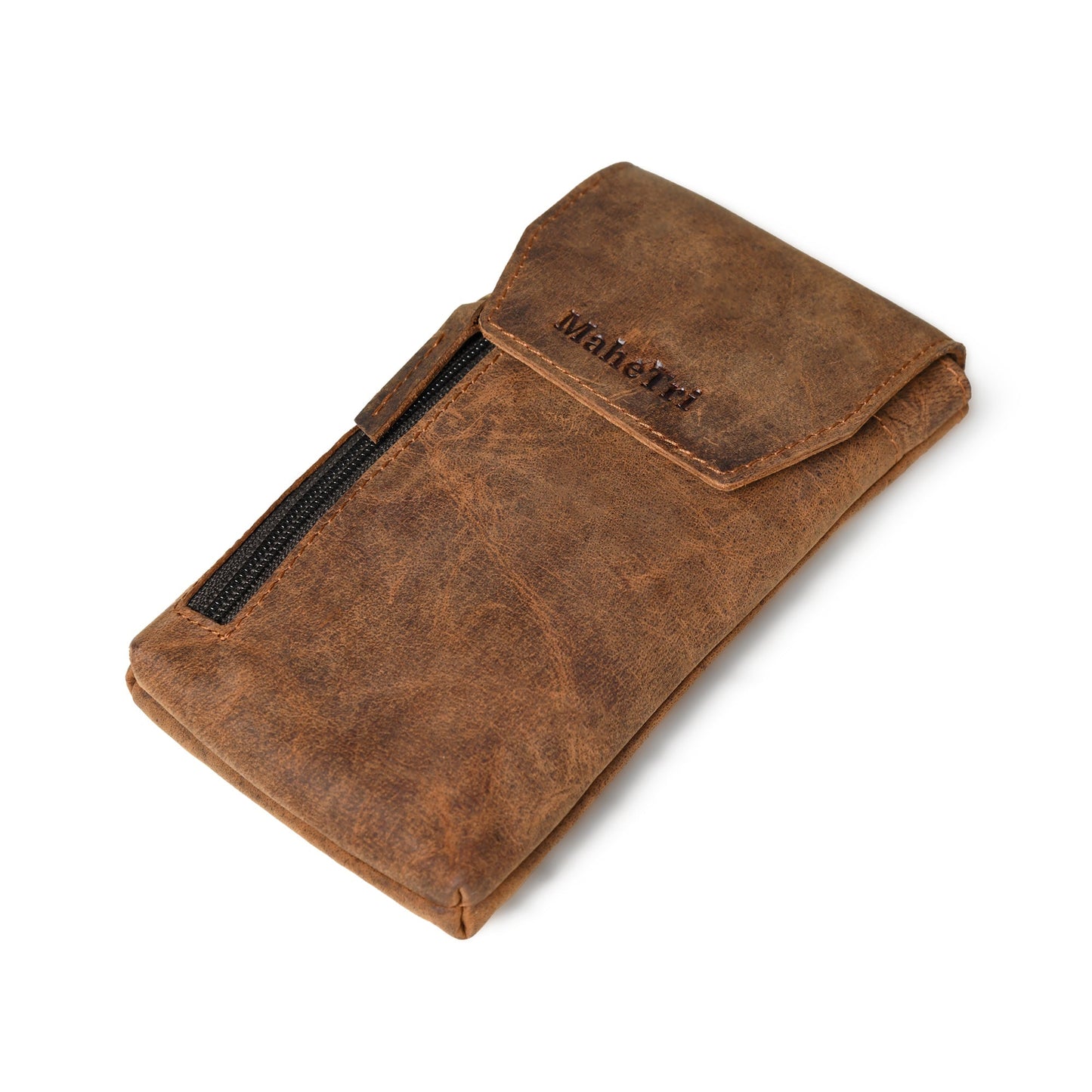 Brown leather holster case with zipper pocket, flap, and MakerFi logo