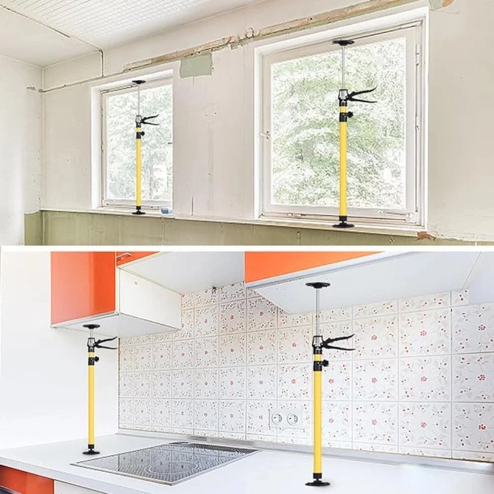 Adjustable steel support rods under kitchen countertop with yellow extendable bars