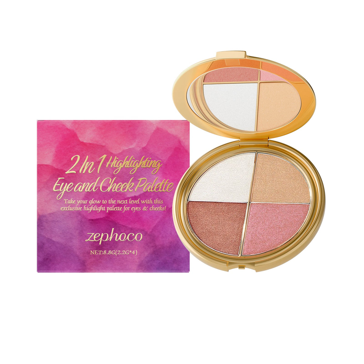 Eyeshadow and blush palette with box and open gold compact; four shades: cream, beige, peach, rose