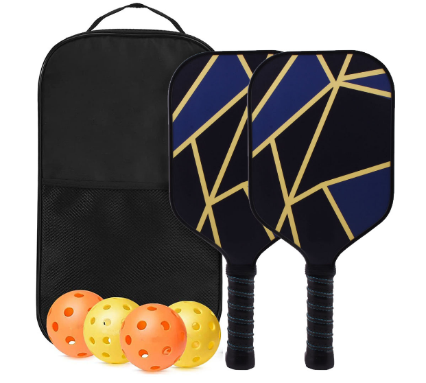 Pickleball paddle set with bag, two blue paddles, four orange and yellow balls