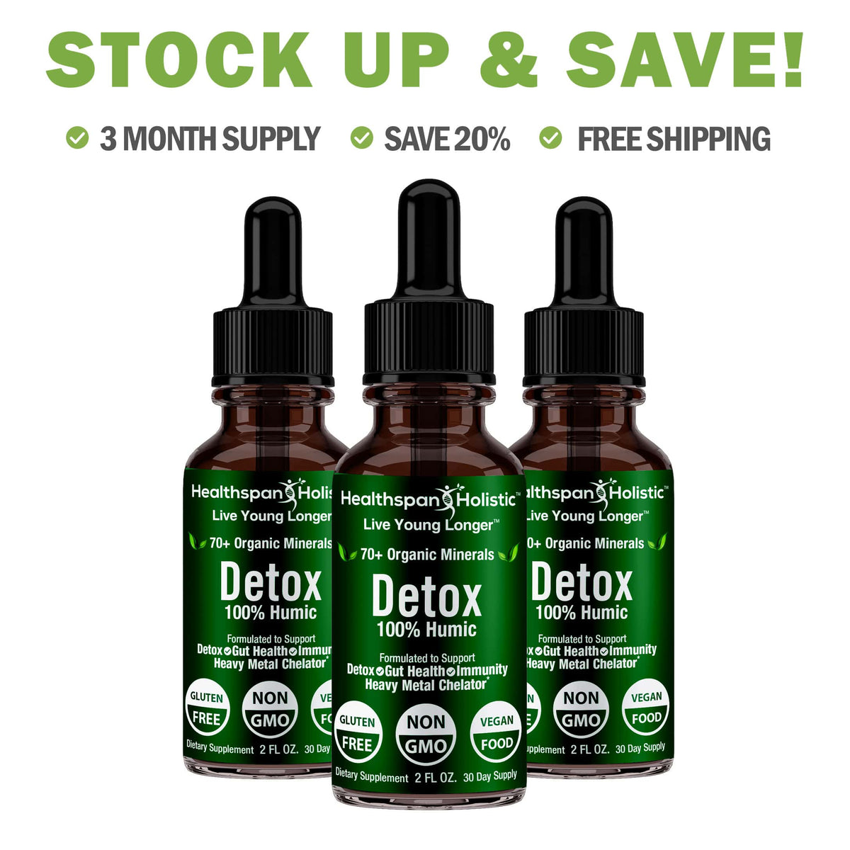 Three Healthspan Holistic Detox 100% Humic dropper bottles