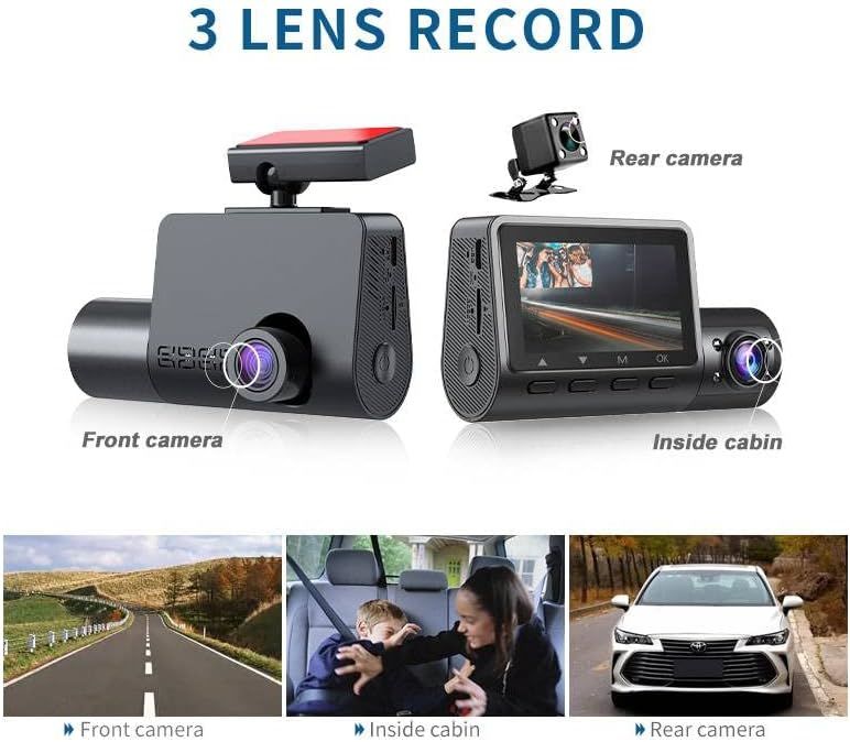 3 Channel Dash Cam for Car with 1080 + 1080 + 480p Three Lenses, Wide Angle Monitoring Range of 140° + 140° + 130°, 24-Hour Parking Monitoring, 4 Infrared Lamps with 64GB Memory Card - Renee Lane Company