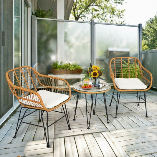 3 Pieces Rattan Furniture Set with Cushioned Chair Table - Renee Lane Company