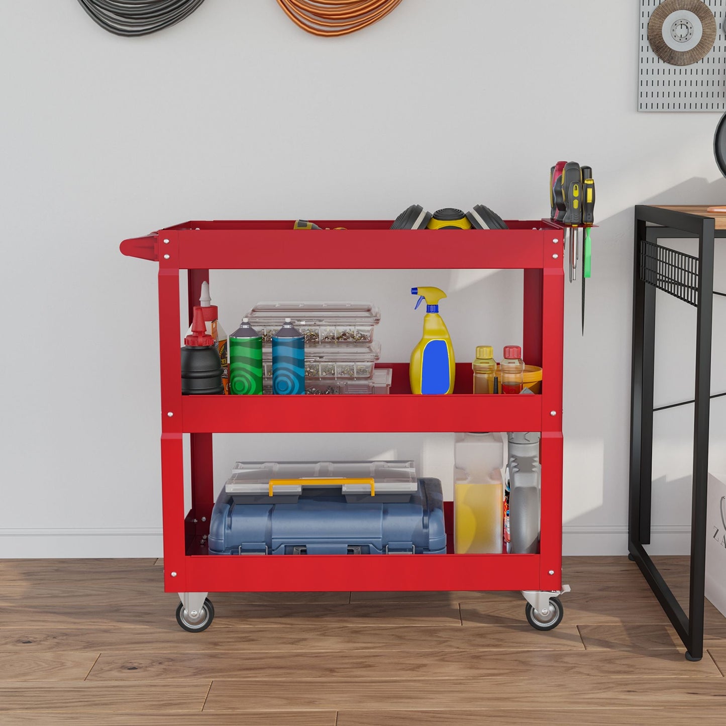 3 Tier Rolling Tool Cart with Wheels, 330 LBS Capacity Heavy Duty Utility Cart, Mobile Service Cart for Garage, Red - Renee Lane Company