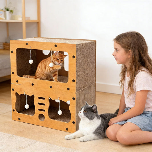 3-in-1 Cat House, Bed & Scratch Post - Multi-Layer Structure Made of Soft, Eco-Friendly Cardboard - Renee Lane Company