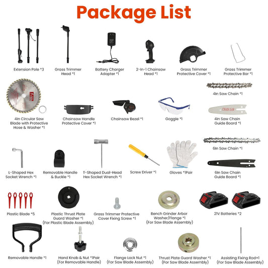 3-in-1 Cordless Electric Pole Saw & Mini Chainsaw & Grass Trimmer Kit with Adjustable Length 2Pcs 21V 1500mAh Batteries 4in/6in Chains Saw Blade 5Pcs Plastic Blades - Renee Lane Company