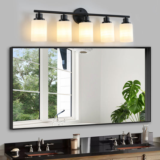 31" Modern 5-Light Vanity Bathroom Mirror Light, Frosted White Glass with Black Iron Frame, Contemporary Wall Sconce for Bedroom, Bathroom, and Dressing Room (Bulb Not Included) - Renee Lane Company