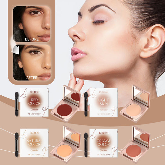 Concealer compact shades with sponge-tip applicators, shown beside before/after faces