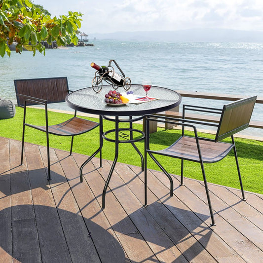 32 Inch Patio Tempered Glass Steel Frame Round Table with Convenient Umbrella Hole - Renee Lane Company