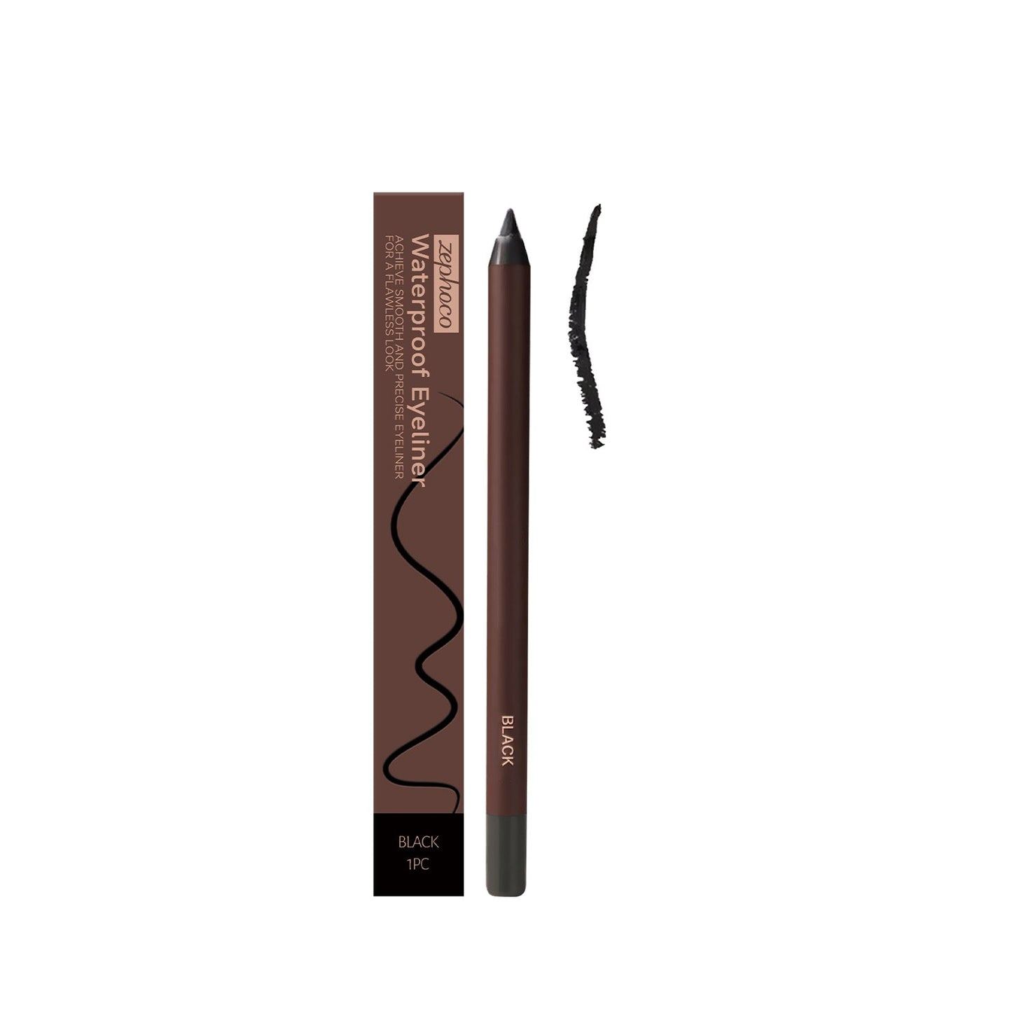 Black waterproof eyeliner pencil and boxed packaging with eyeliner swatch graphic