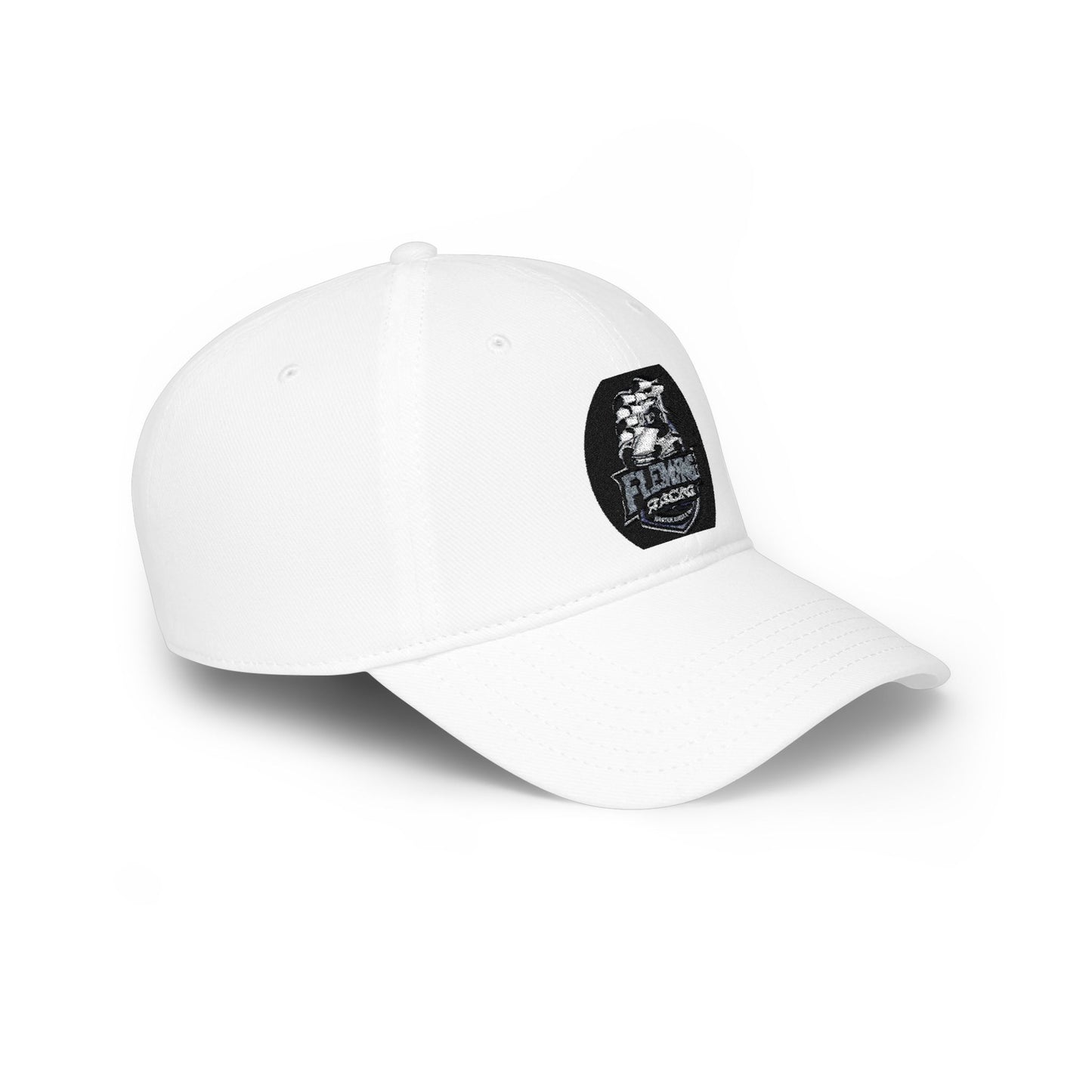 White baseball cap, side view with embroidered racing logo patch