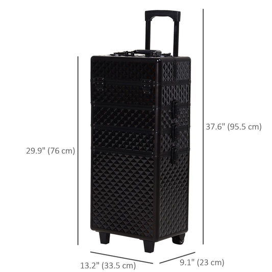 4 in 1 Makeup Train Case Portable Aluminum Rolling Cosmetic Organizer Trolley with Wheels Multiple Compartments Black - Renee Lane Company