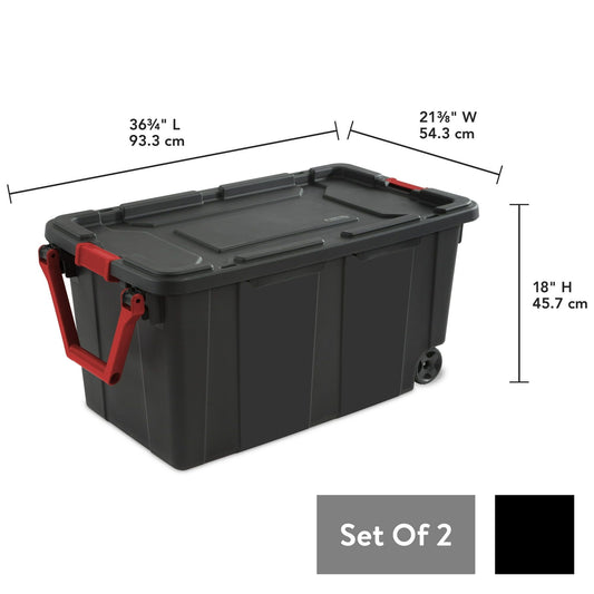 40 Gallon Wheeled Plastic Storage Container with Handle, Black, Pack of 2, Industrial - Renee Lane Company