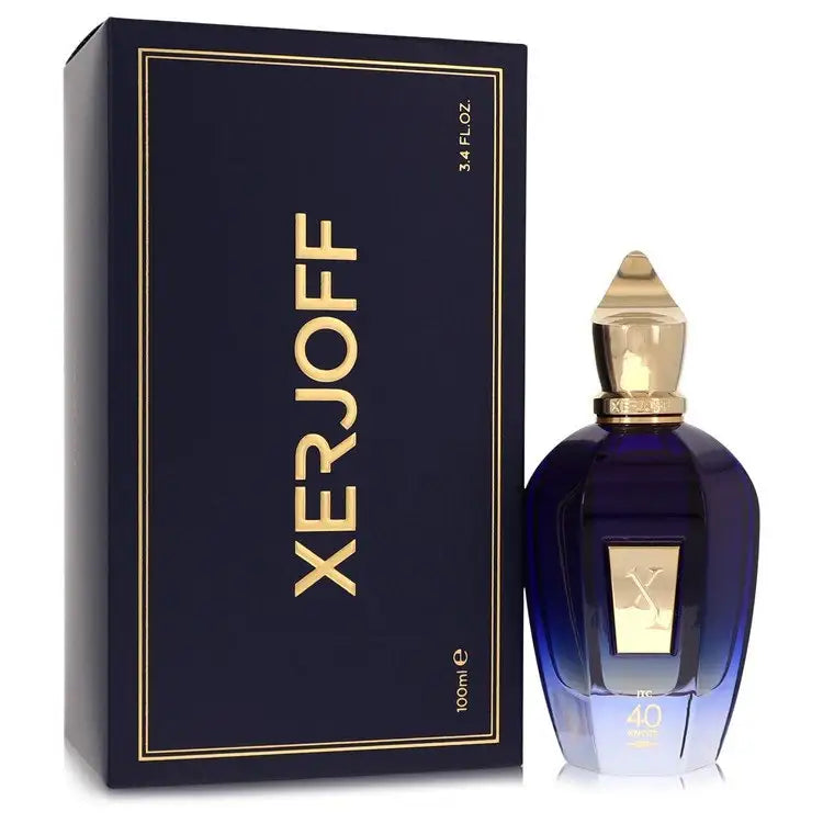 Xerjoff 40 Knots unisex perfume bottle and navy box with gold lettering