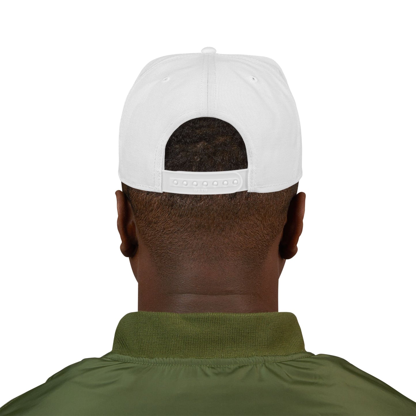 White snapback baseball cap, back view with adjustable strap detail