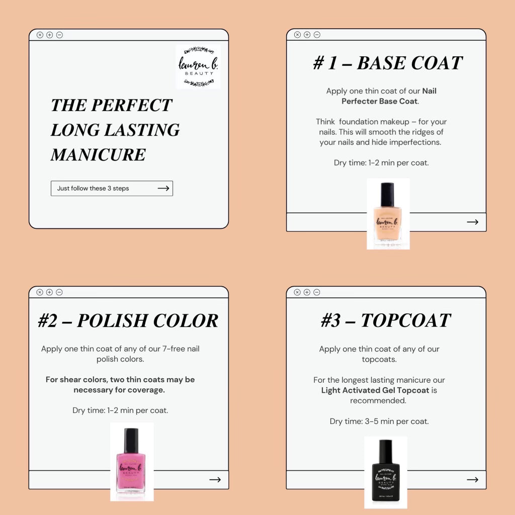 Manicure step guide cards for base coat, polish color, and topcoat